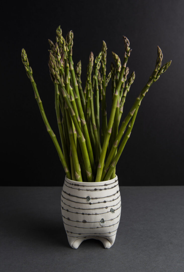 Asparagus placed in a pot for freshness