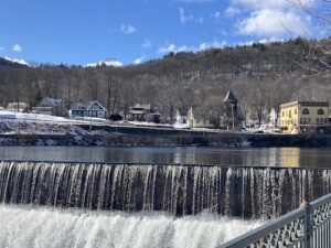 city of shelburne falls with waterfalls