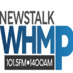 A blue and white logo for newstalk whmp