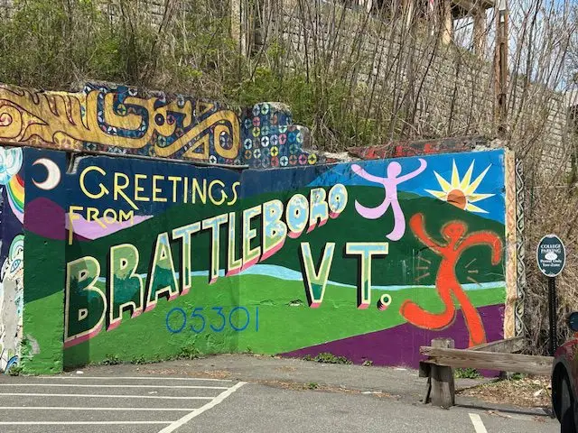 Painted mural Brattleboro VT with bright green, red